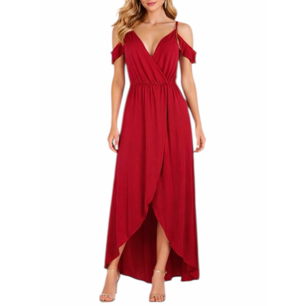Rolla Coster Cold Shoulder Faux Wrap Maxi Dress Red Size S - Picture 2 of 9